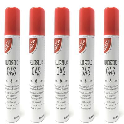 5-Pack Gut & Günstig Lighter Gas, 100 ml, with Various Plastic Nozzles/Adapters