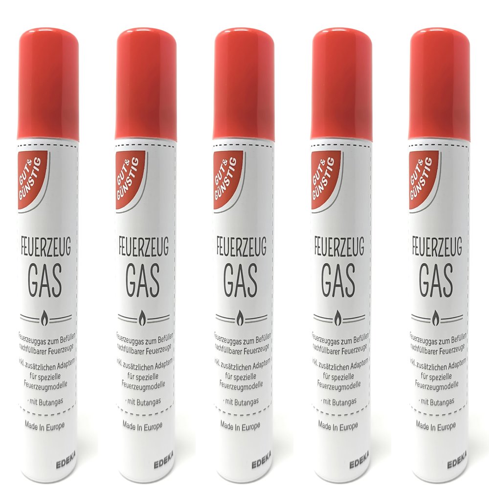 5-Pack Gut & Günstig Lighter Gas, 100 ml, with Various Plastic Nozzles/Adapters