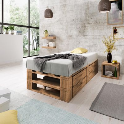 Lermowood M2 Wooden Pallet Bed 80 x 200 cm, Oak, with Slatted Base and 2 Drawers