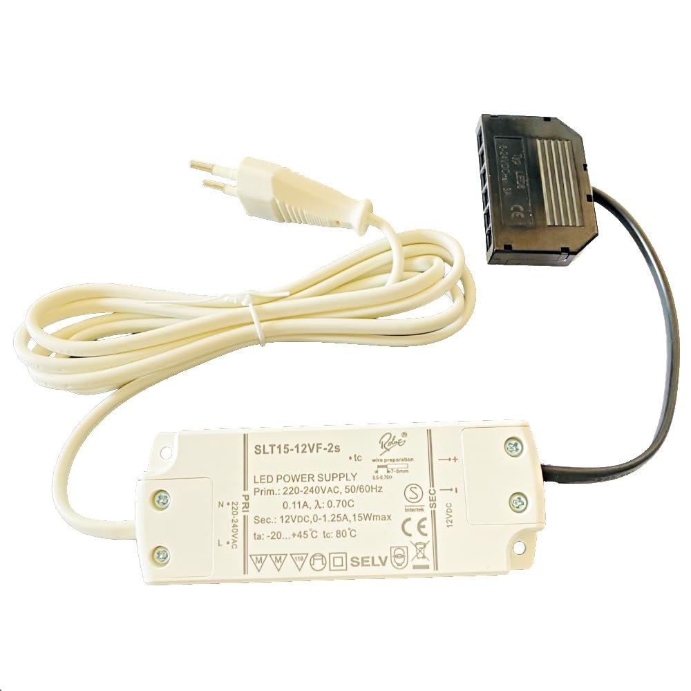 12V DC LED Transformer, 1–15W, 1.25A, Stabilized Voltage, 6-Way Mini-AMP Plug