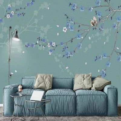 Vintage Blue Flower Bird 3D Wallpaper for Dining Room, Living Room, Bedroom and Kids' Room, 250 x 170 cm