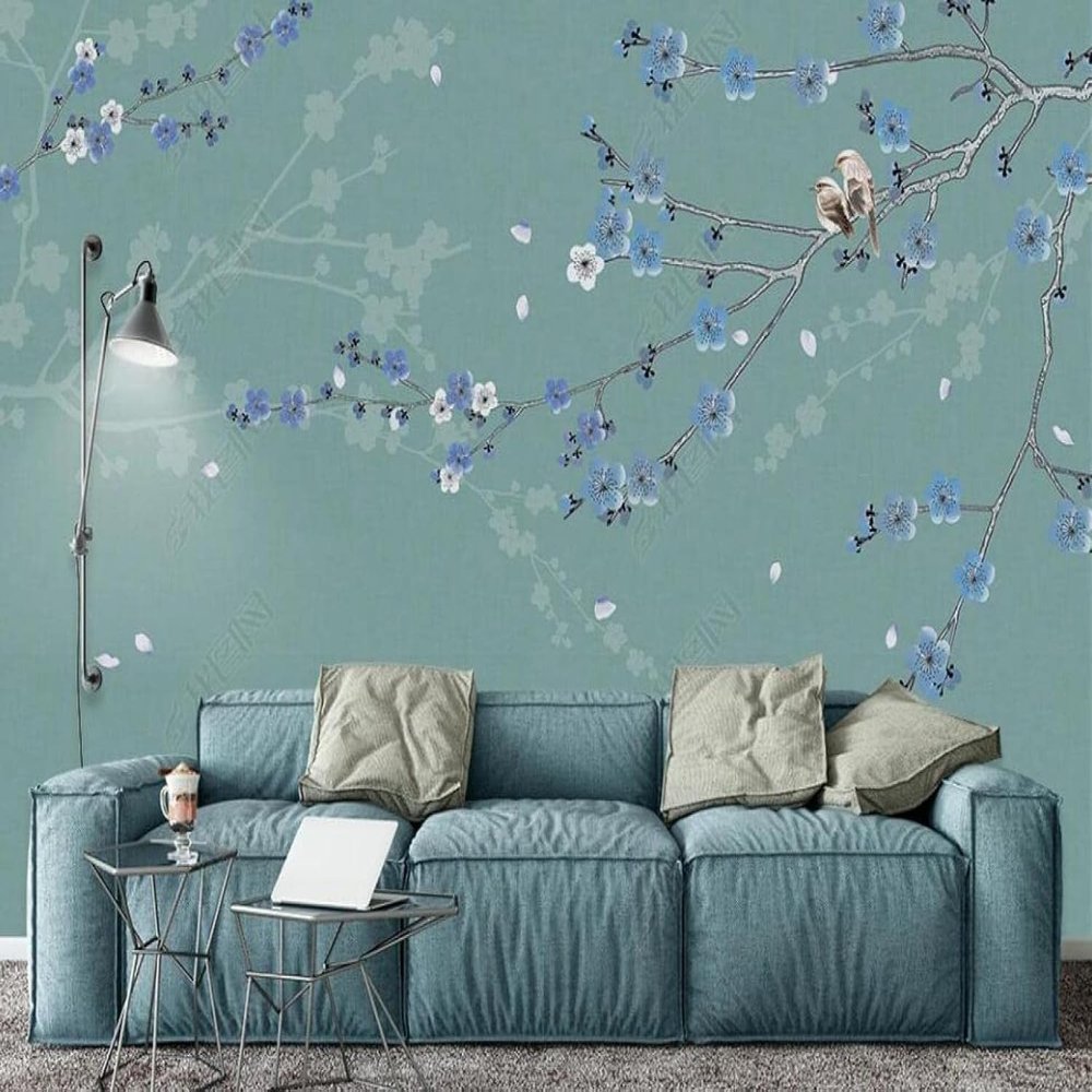 Vintage Blue Flower Bird 3D Wallpaper for Dining Room, Living Room, Bedroom and Kids' Room, 250 x 170 cm