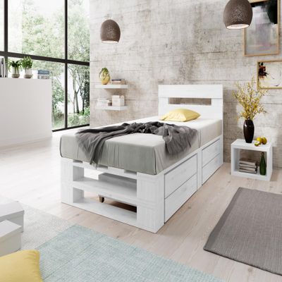 Lermowood M2 Wooden Pallet Bed 90 x 200 cm, White, with Headboard and 2 Drawers