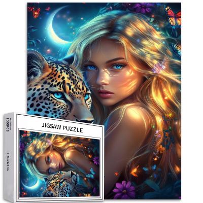 Beautiful Girl Standing Beside a Leopard, 1,000-Piece Puzzle for Adults, Challenging Family Activity, Colorful DIY Craft Puzzle for Home Decor and Gifts, 68 x 50 cm