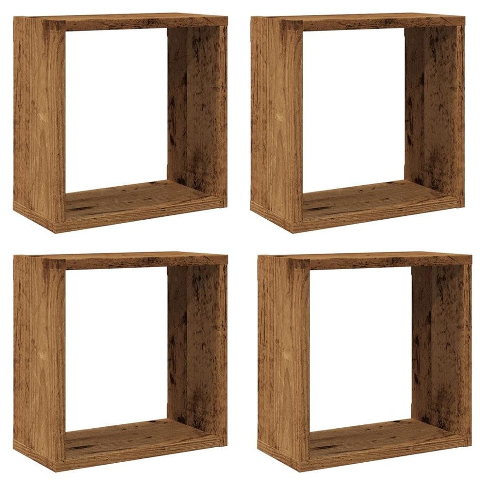 4 Cube Wall Shelves, Reclaimed Wood Look, 30 x 15 x 30 cm