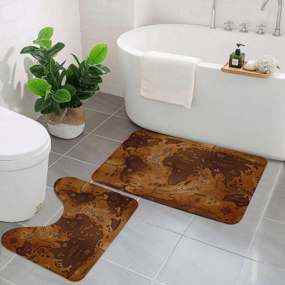 KGDHY 2-Piece Bathroom Mat Set, Vintage Ocean Mountain World Map