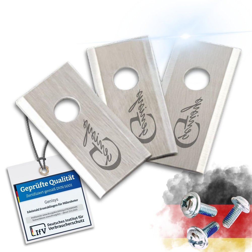 Genisys Stainless Steel Blades Compatible with Parkside Smart Robotic Mowers PMRA/PMRDA – LongLife, 1-Hole, Shatter-Resistant, DIN EN 50636 Tested, with Screws, 18-Pack