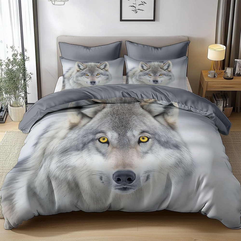 Wolf 3D Bedding Set, 155 x 220 cm, Polyester-Cotton Duvet Cover with 2 Pillowcases