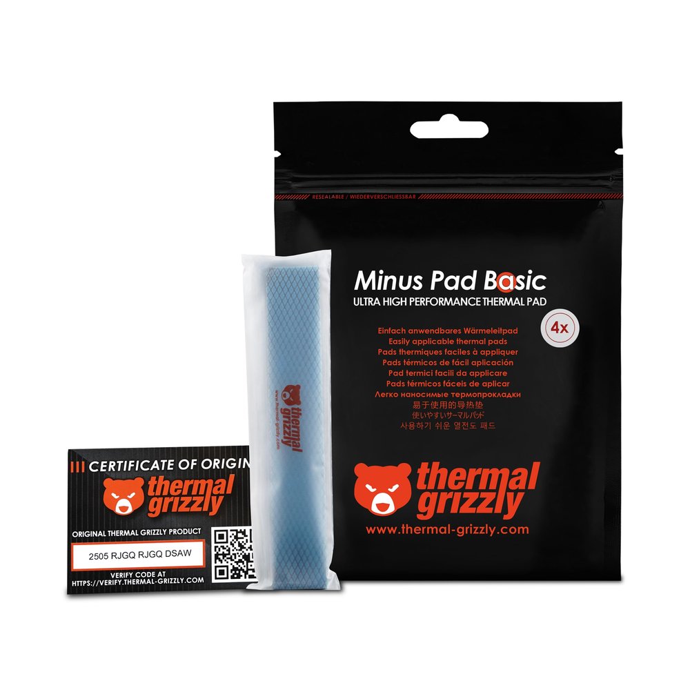 Thermal Grizzly Minus Pad Basic 4-Pack Thermal Pad, 120 x 20 x 1.5 mm, Electrically Non-Conductive, High Thermal Conductivity and Compressibility for SSDs, GPUs, and Electronics
