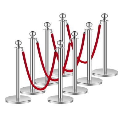 VEVOR Crowd Control Stanchions, 8-Piece Set with 4 Red Velvet Ropes, 5 ft Long, Stainless Steel with Refillable Bases, Silver