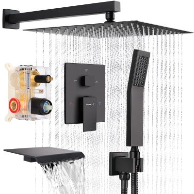 12-Inch Matte Black Wall-Mount Rain Shower System with Tub Spout