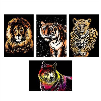 Animal Series Scratchboard for Children, 4-Piece Scratch Painting Art Paper Set, DIY Rainbow Scratch Paper for Children and Adults, 31 × 22 cm, Type 1