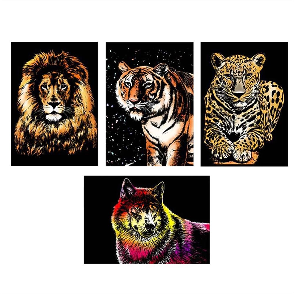 Animal Series Scratchboard for Children, 4-Piece Scratch Painting Art Paper Set, DIY Rainbow Scratch Paper for Children and Adults, 31 × 22 cm, Type 1