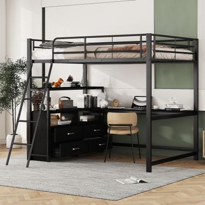 ModernLuxe Metal Frame Kids' Loft Bed with Desk, 140 x 200 cm, Drawers, Black, No Mattress