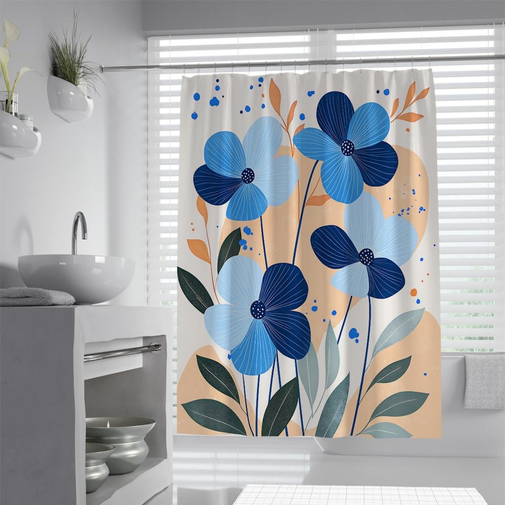 SHUODAOCO Modern Minimalist Boho Floral Shower Curtain, Washable Waterproof Fabric Set with Hooks, 100W x 200L cm