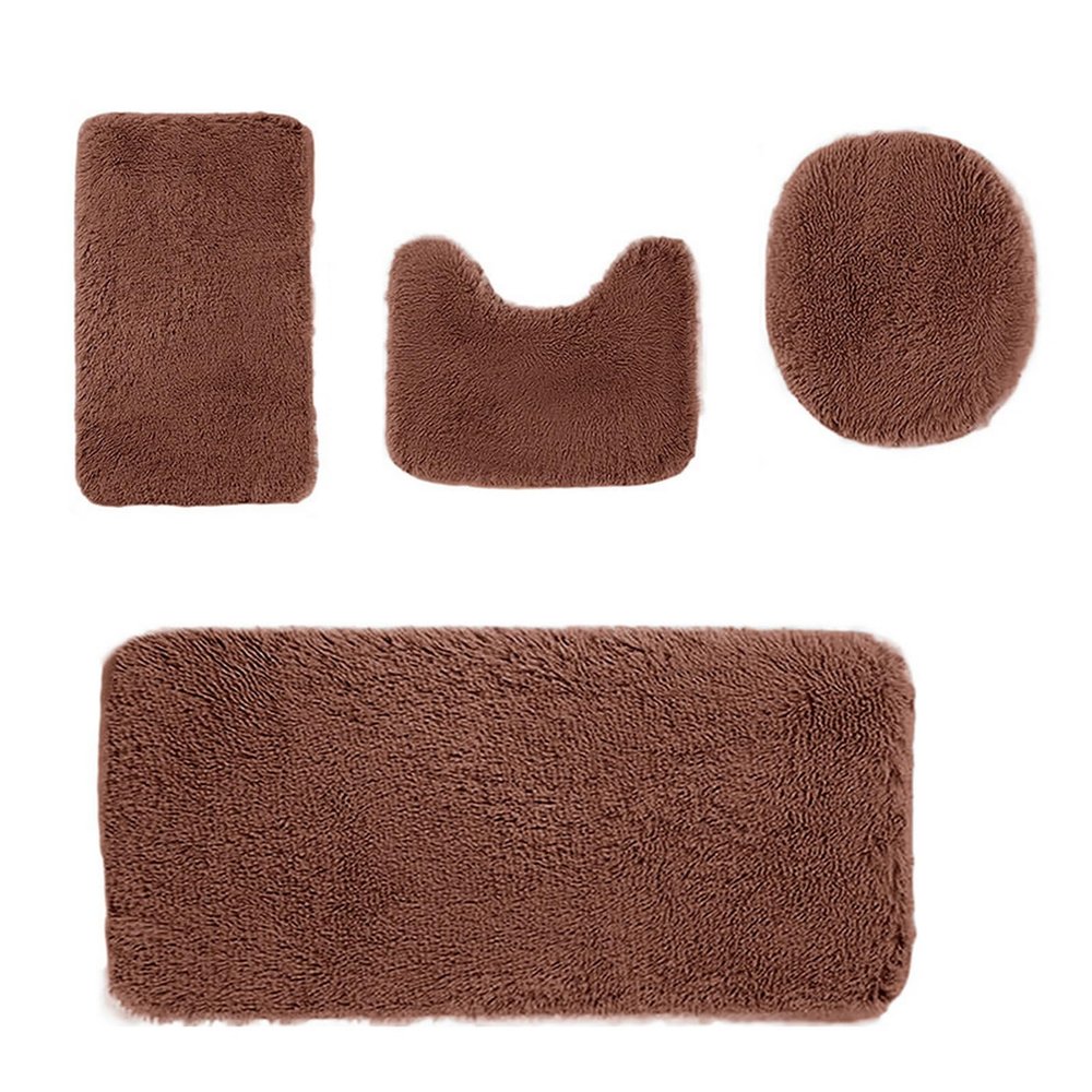 Heavyoff 4-Piece Bath Mat Set, Washable, Non-Slip, Brown