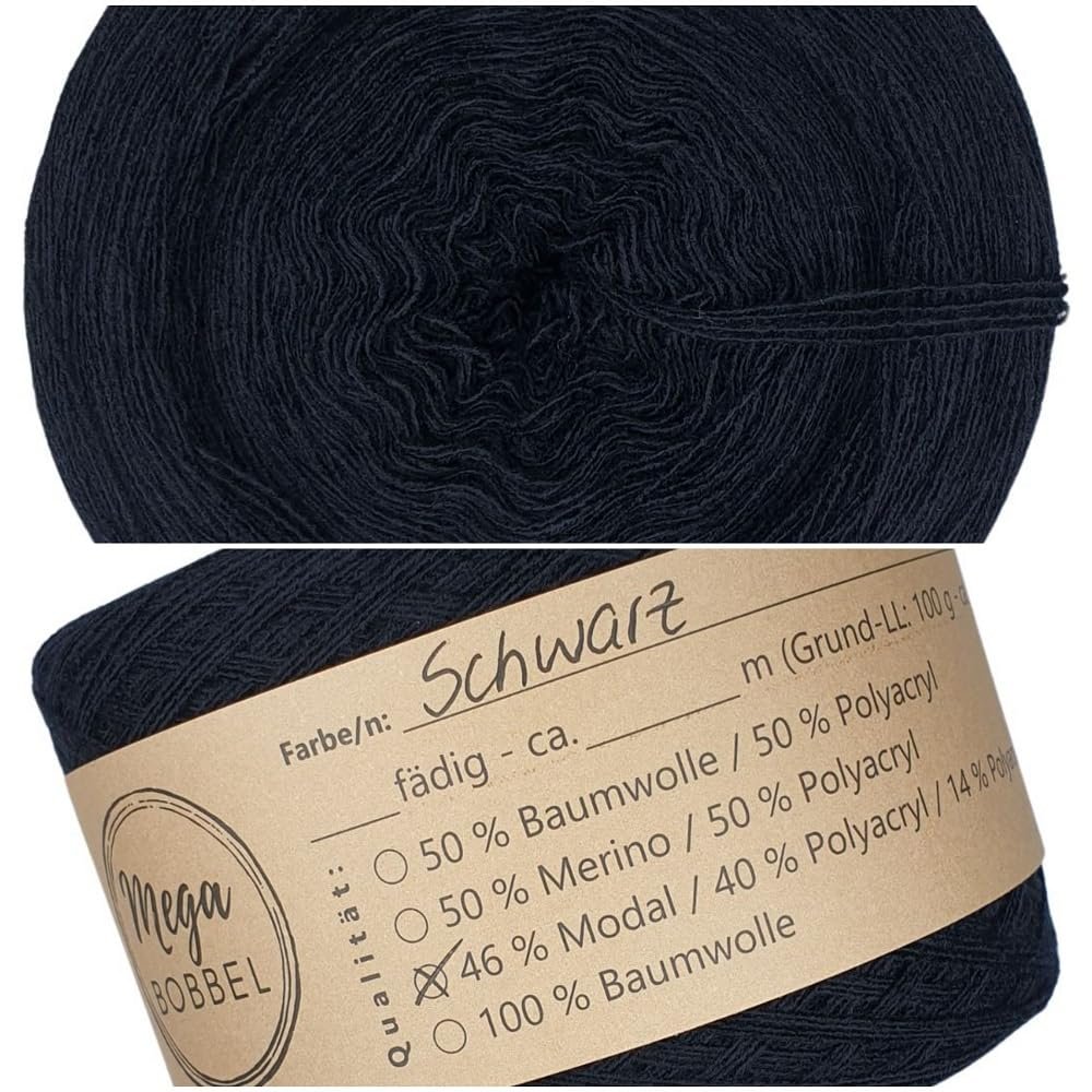 MegaBobbel MODALmix Solid Black UMD18 – Lace Yarn Cake for Crochet & Knitting, 3-Ply, 500 m