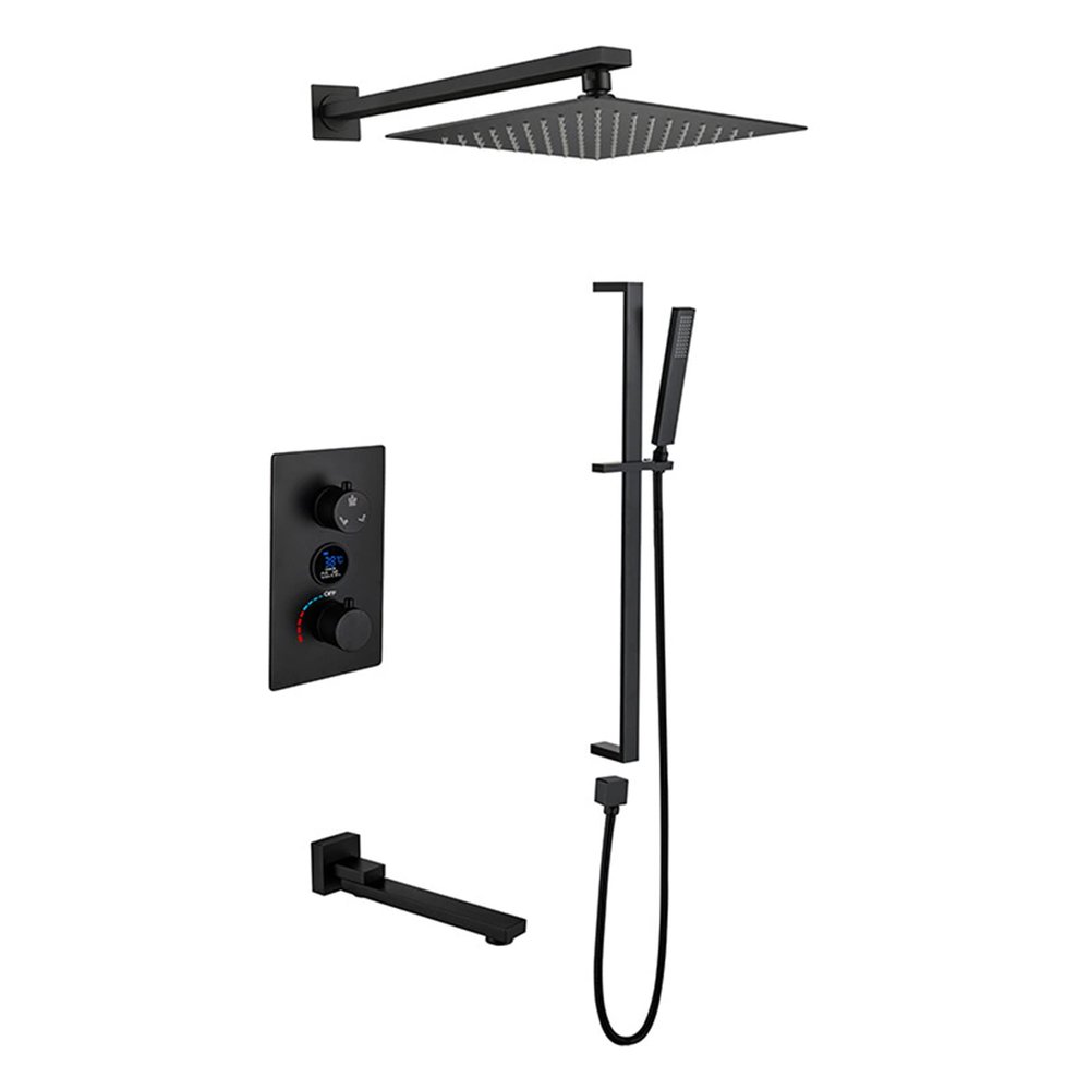 Concealed Shower Mixer Set with Square Rain Showerhead and Digital Temperature Display