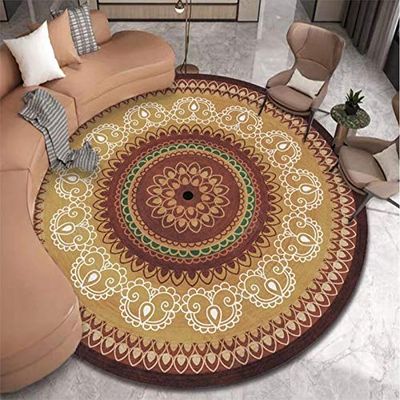 QJDTZMD Round Rug, 100 cm, Non-Slip Low-Pile Machine-Washable Rug with Yellow and Black Retro Ethnic Pattern