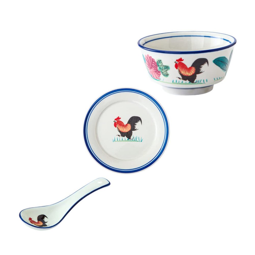 NAMOARLY 3-Piece Ceramic Bowls with Rooster Design, Assorted Color