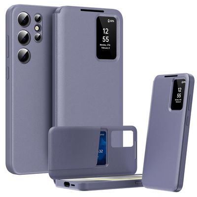 BRAND SET Premium Case for Samsung Galaxy S25 Ultra, Leather & PC Frame, Flip Cover with Card Slot and Viewing Window, Purple