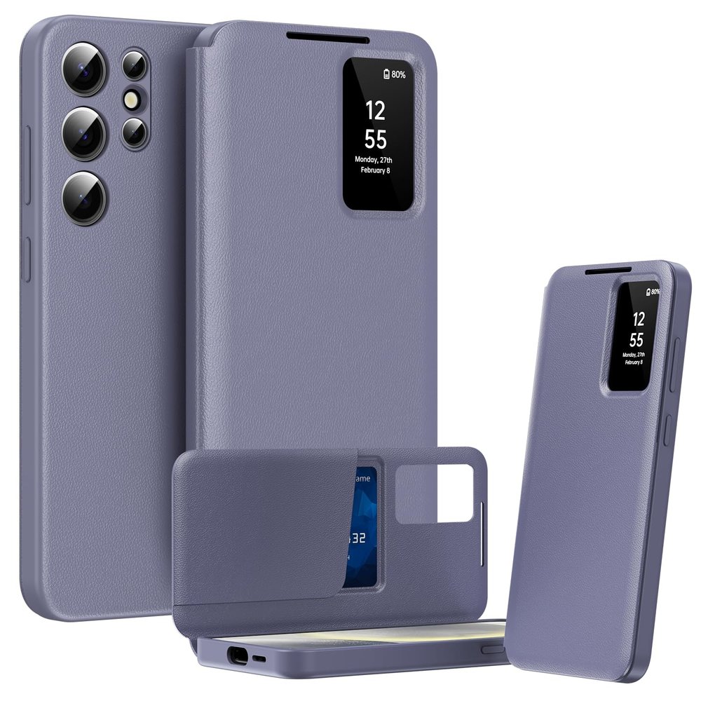 BRAND SET Premium Case for Samsung Galaxy S25 Ultra, Leather & PC Frame, Flip Cover with Card Slot and Viewing Window, Purple