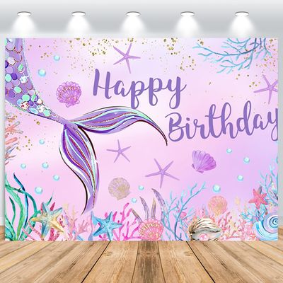 ASDCXZ Mermaid Birthday Photo Backdrop 3 x 2.5 m, Under the Sea Purple Mermaid Tail Princess Party Banner