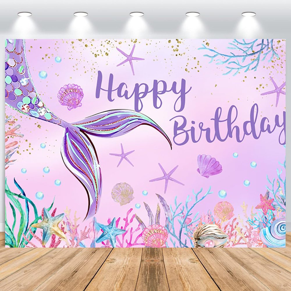 ASDCXZ Mermaid Birthday Photo Backdrop 3 x 2.5 m, Under the Sea Purple Mermaid Tail Princess Party Banner