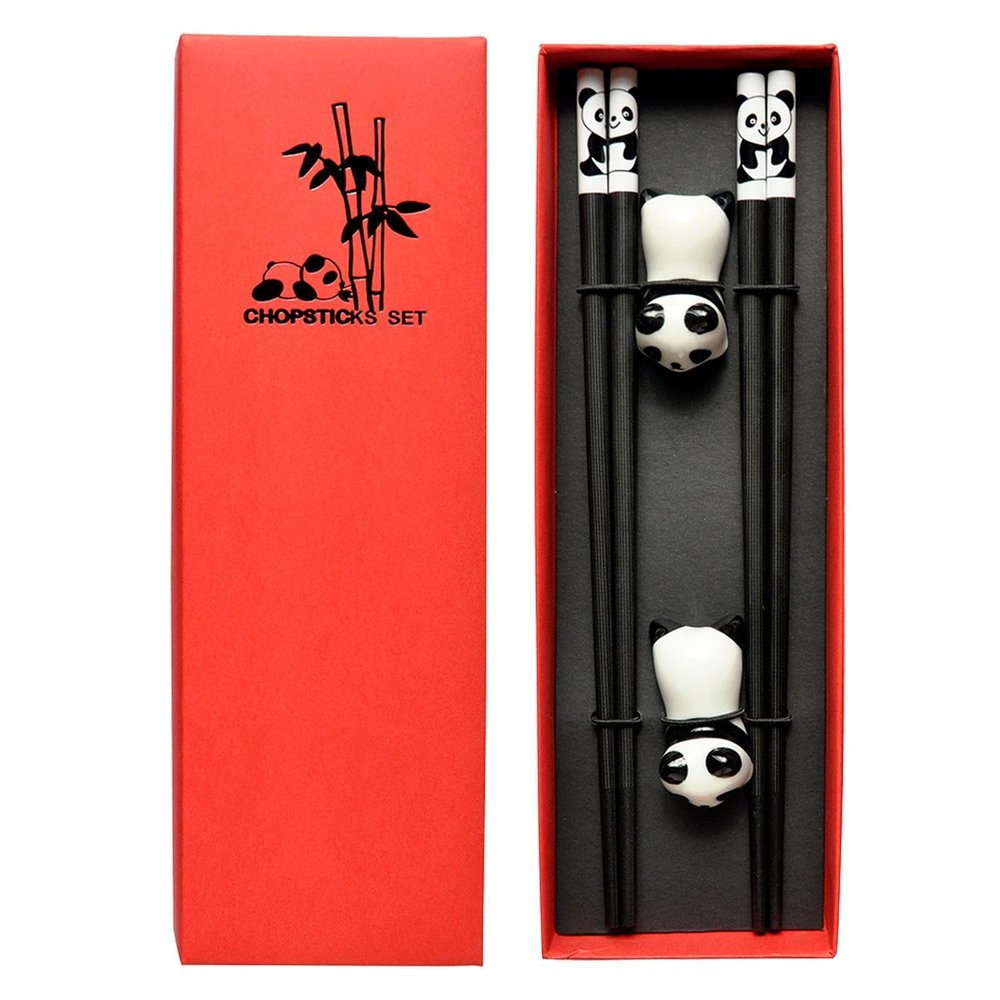 Reusable Panda Chopstick Set with Ceramic Holders, 2 Pairs (9.45 Inches)