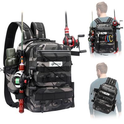 QKTYB Large Fishing Bag with Rod Holder, Waterproof Fishing Backpack, 35 L Heavy-Duty Oxford Fabric, Multiple Pockets, Travel Backpack for Fishing, Hunting, Travel and Hiking (45 × 30 × 25 cm)