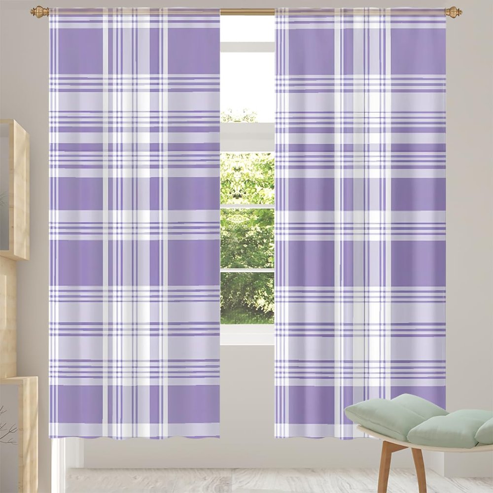 Mexpekil Sheer Curtains, Geometric Purple, Lavender, White Plaid, Semi-Transparent, 140 cm Wide, 2 Panels