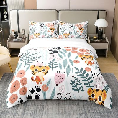 100% Cotton Kawaii Tiger Duvet Cover Set, Cute Jungle Safari Animals, Pink Hearts, 220 x 240 cm