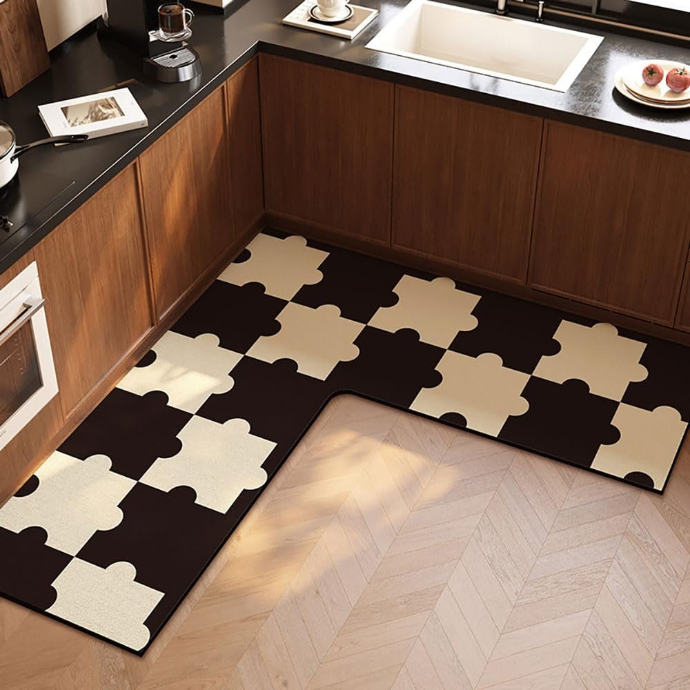 Hixingo Non-Slip L-Shaped Washable Diatomaceous Earth Kitchen Runner, Coffee, 80 x 80 x 45 cm