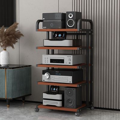 ASumPio 5-Tier Mobile AV Media Stand with Wooden Shelves, Corner Shelf and Audio Tower