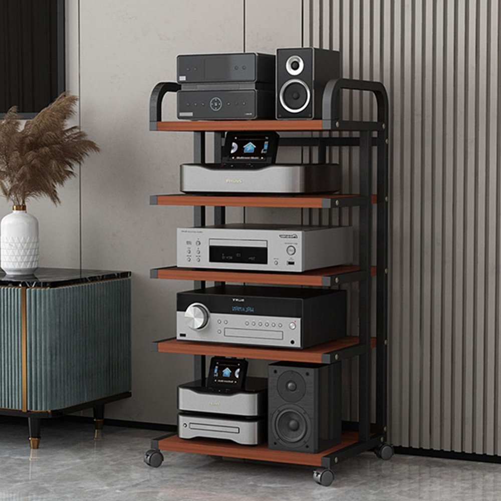 ASumPio 5-Tier Mobile AV Media Stand with Wooden Shelves, Corner Shelf and Audio Tower