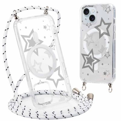 Phoona iPhone 15 Plus Case with Lanyard, MagSafe Compatible, Ash White Stars