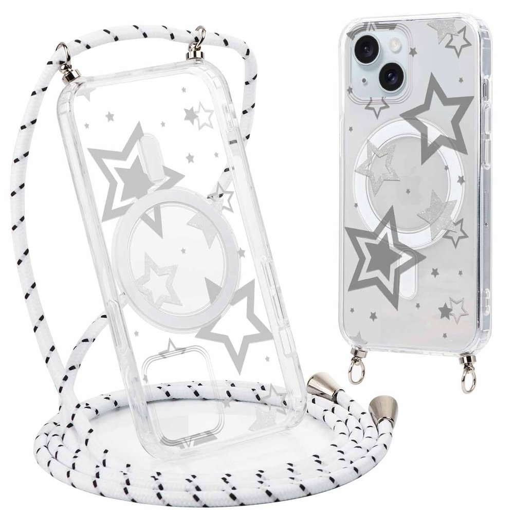 Phoona iPhone 15 Plus Case with Lanyard, MagSafe Compatible, Ash White Stars