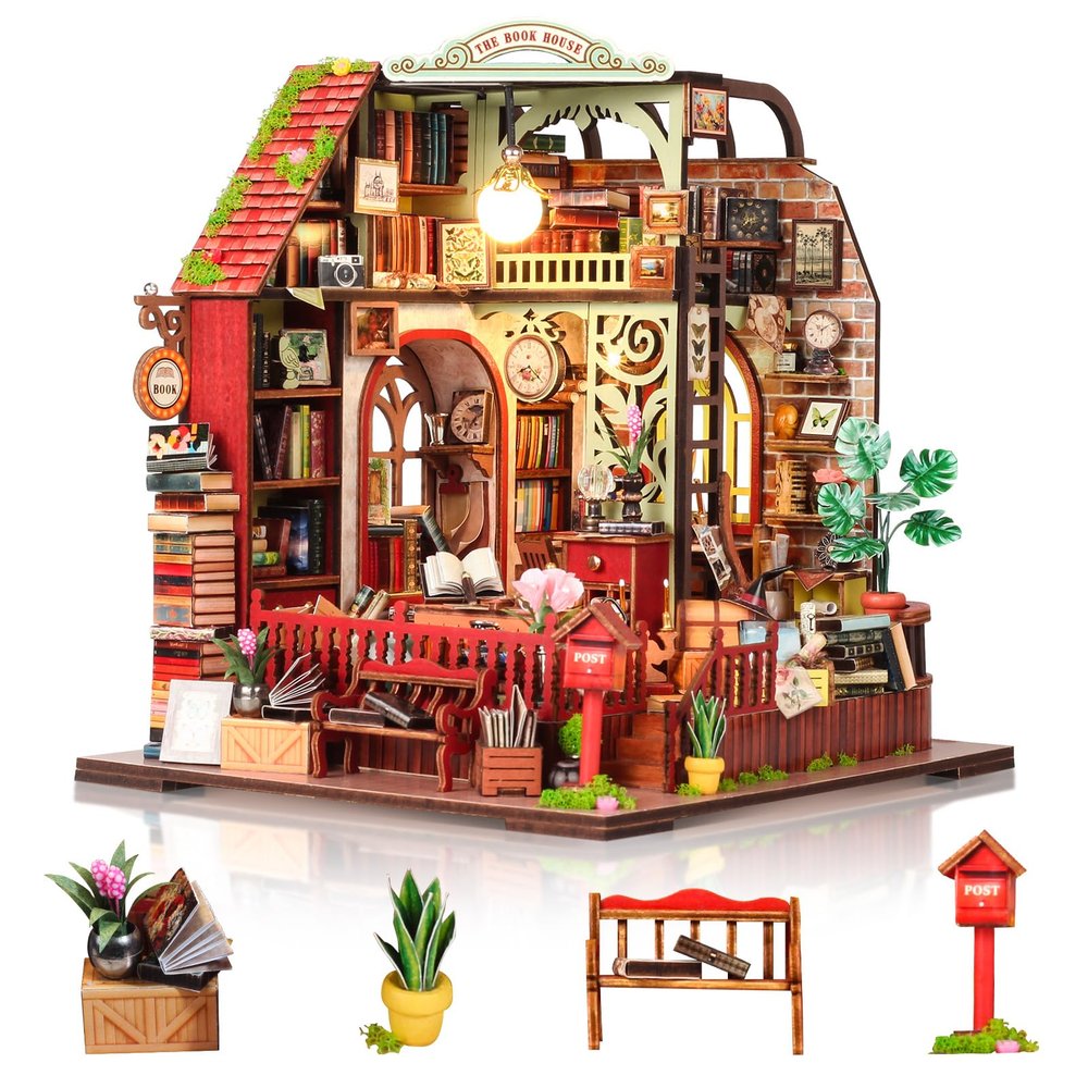Cuteefun DIY Miniature Dollhouse with LED Lights (Book House)