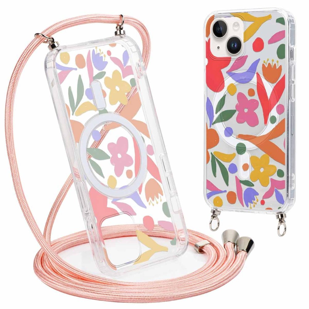 Phoona Crossbody Phone Case with Lanyard for iPhone 14 Plus, 6.7", Aesthetic Pink Floral Design, MagSafe-Compatible Transparent Magnetic Protective Case