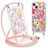 Phoona Crossbody Phone Case with Lanyard for iPhone 14 Plus, 6.7", Aesthetic Pink Floral Design, MagSafe-Compatible Transparent Magnetic Protective Case view 1