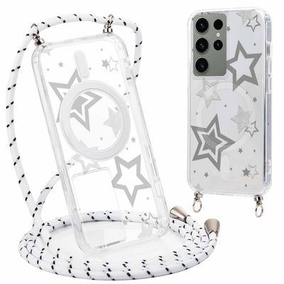 Phoona Phone Lanyard Case for Samsung Galaxy S23 Ultra 5G, MagSafe-Compatible, Transparent, Ash White Stars 02