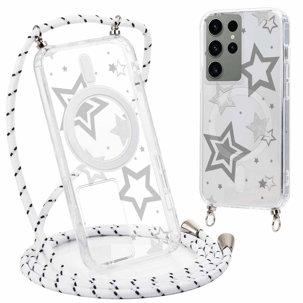 Phoona Phone Lanyard Case for Samsung Galaxy S23 Ultra 5G, MagSafe-Compatible, Transparent, Ash White Stars 02