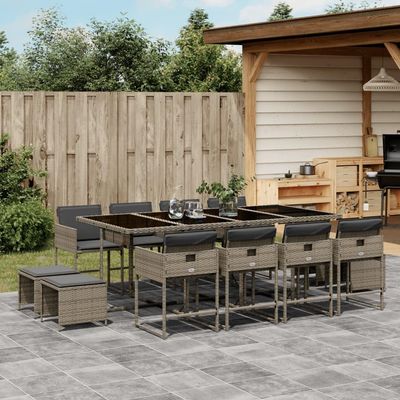 IKAYAA 13-Piece Gray Poly Rattan Garden Dining Set with Cushions