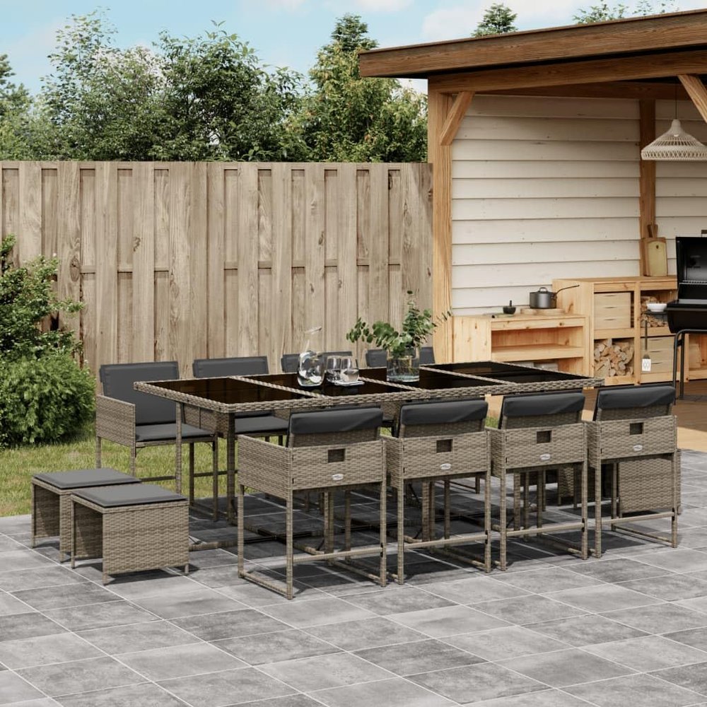 IKAYAA 13-Piece Gray Poly Rattan Garden Dining Set with Cushions