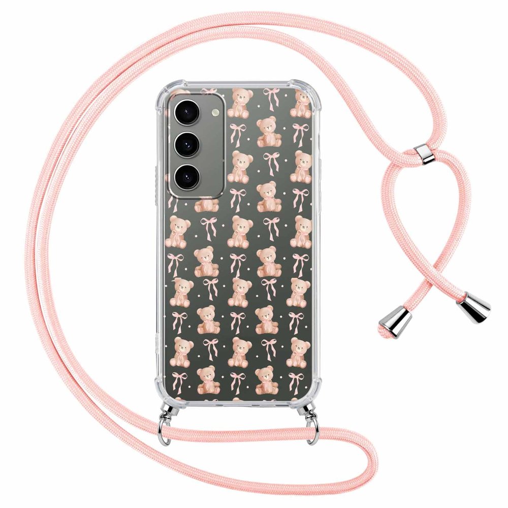 Phoona Phone Necklace Case for Samsung Galaxy S23+ 5G, 6.6", Transparent PC Case with Pink Bow Pattern and Strap