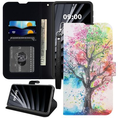 BWEGRHE Wallet Case for Samsung Galaxy S24 FE, Quaternary Tree Design, PU Leather/TPU, Magnetic Clasp, Stand, Card Slots, Wrist Strap