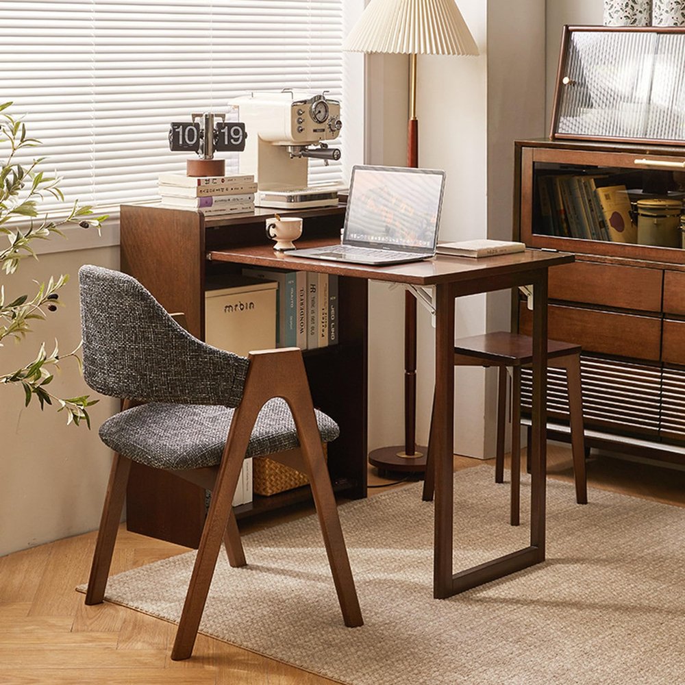 SDCGB Solid Wood Folding Corner Computer Desk with Storage Shelves, Walnut