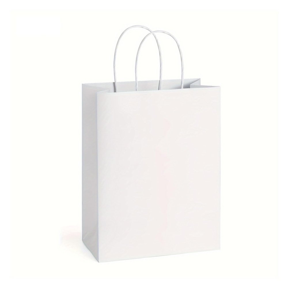 FOVAOK 25/50-Count Brown Kraft Paper Gift Bags with Handles for Weddings, Birthdays, Parties, Favors, Shopping, Small Businesses, and Food (White, 25 Count, 15 x 8 x 21 cm)