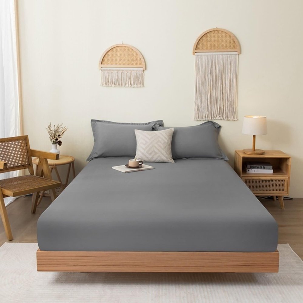 Homxi Light Gray Cotton Fitted Sheet with 2 Pillowcases, 200 x 220 cm