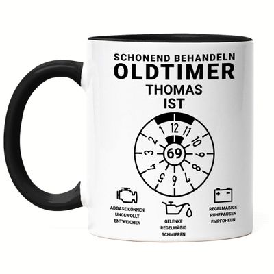 Kiddle-Design Personalized 69th Birthday Mug, “Handle with Care—Vintage Car Is 69,” Funny Gift, Black